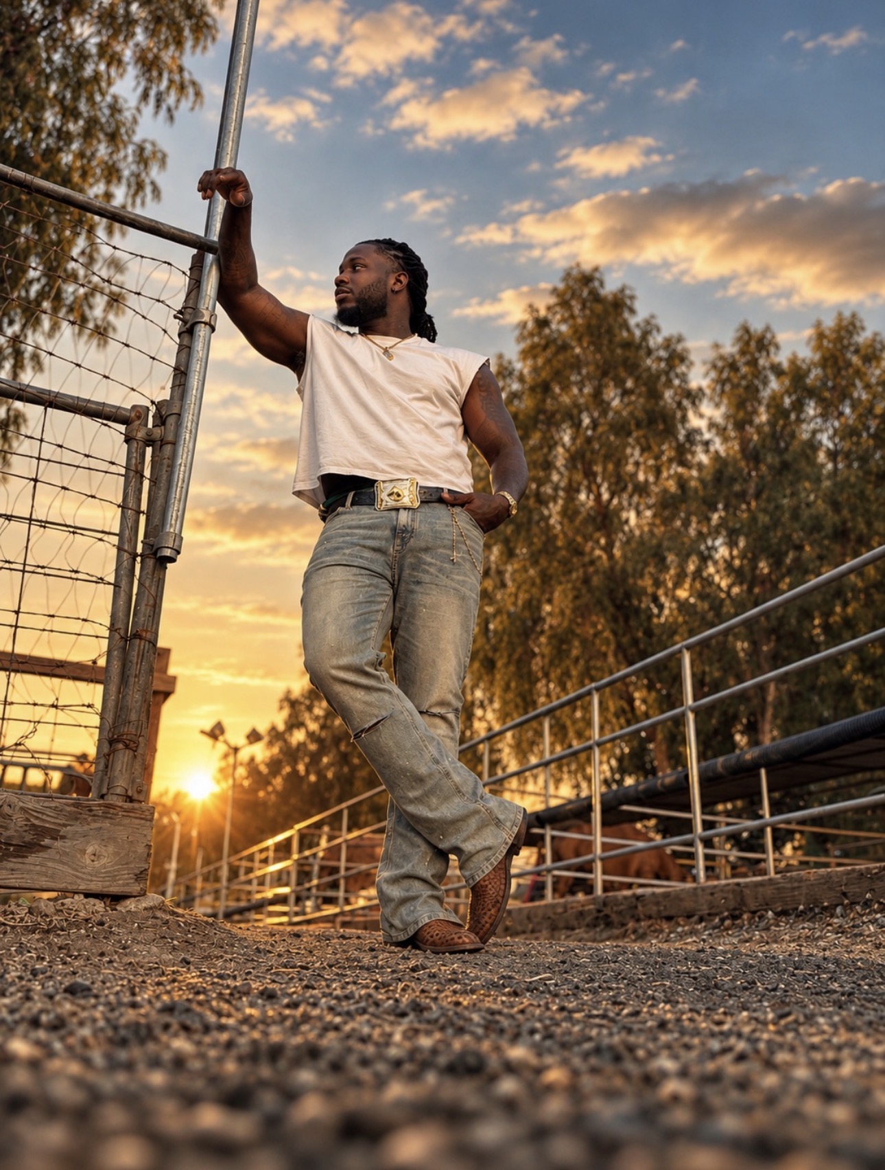 Portrait of Moriel Sparks leaning against a ranch fence at sunset