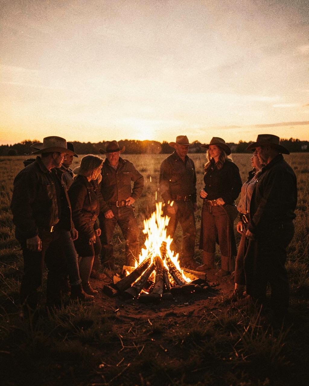 Cowboys and cowgirls around a bonfire at sunset